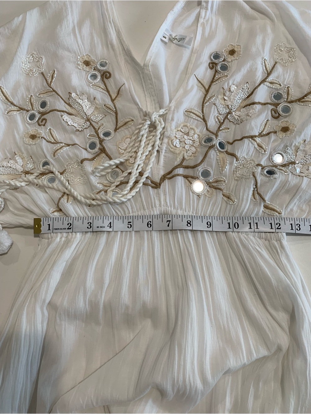 Buby.S Boho White Cotton Maxi Peasant Dress, Embroidered Tiered Mirrors Tassel S - Picture 7 of 10